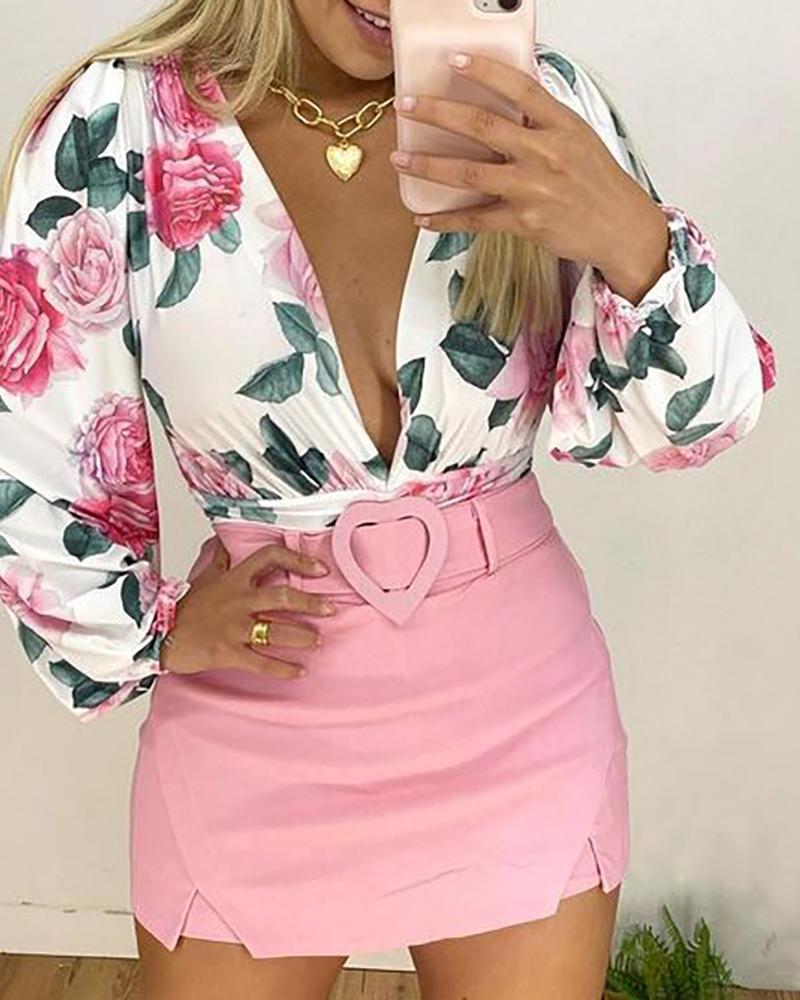 

Floral Print Plunge Lantern Sleeve Top & Skirt Set, Pink