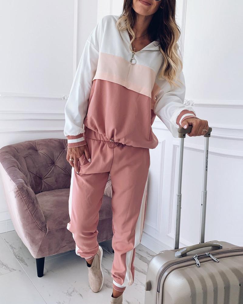 

Colorblock Zipper Design Hooded Top & Pants Set, Pink