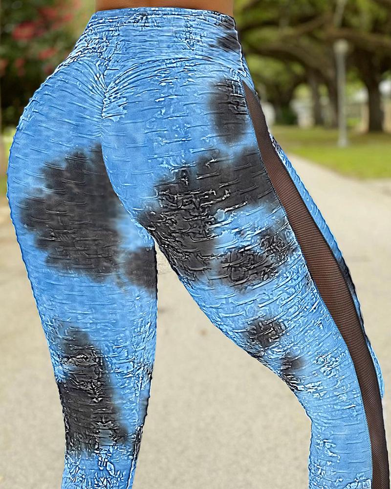 

Tie Dye Print Bubble Textured Ruched High Waist Athletic Fitness Leggings, Blue
