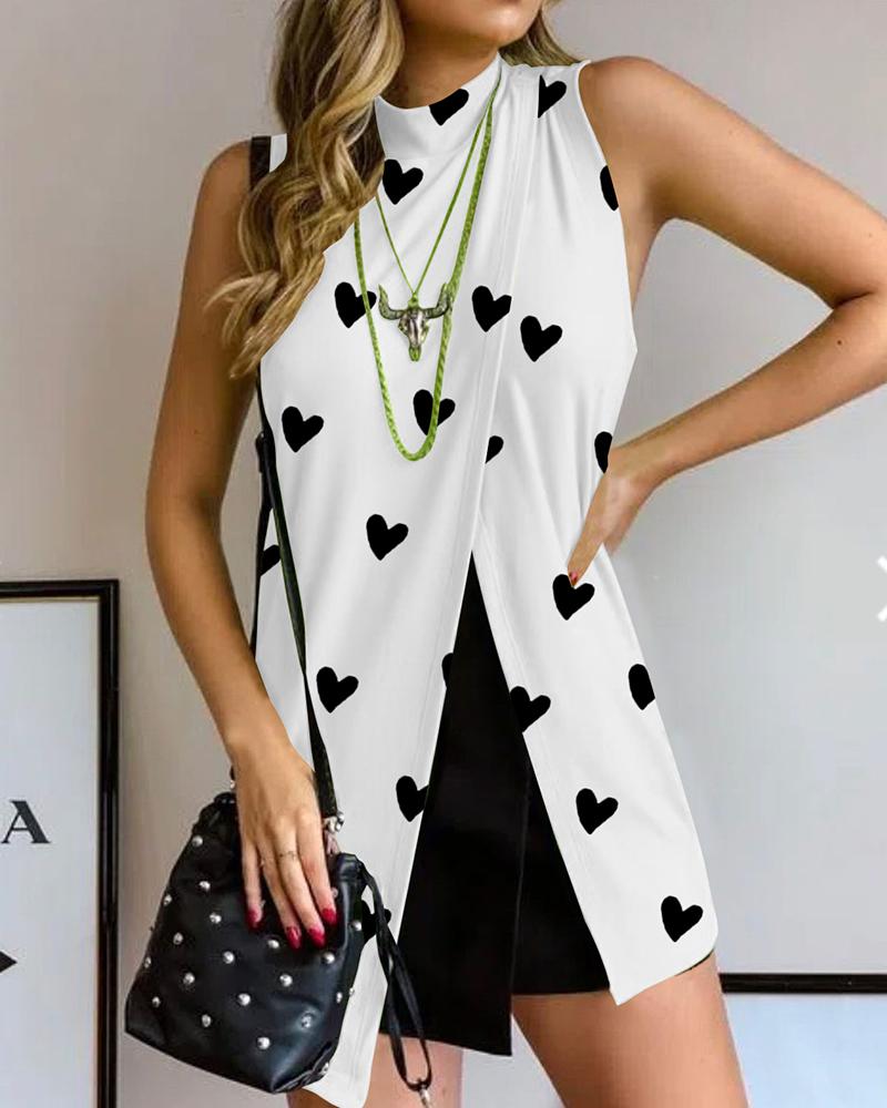 

Heart Print Sleeveless Wrap High Neck Top, White