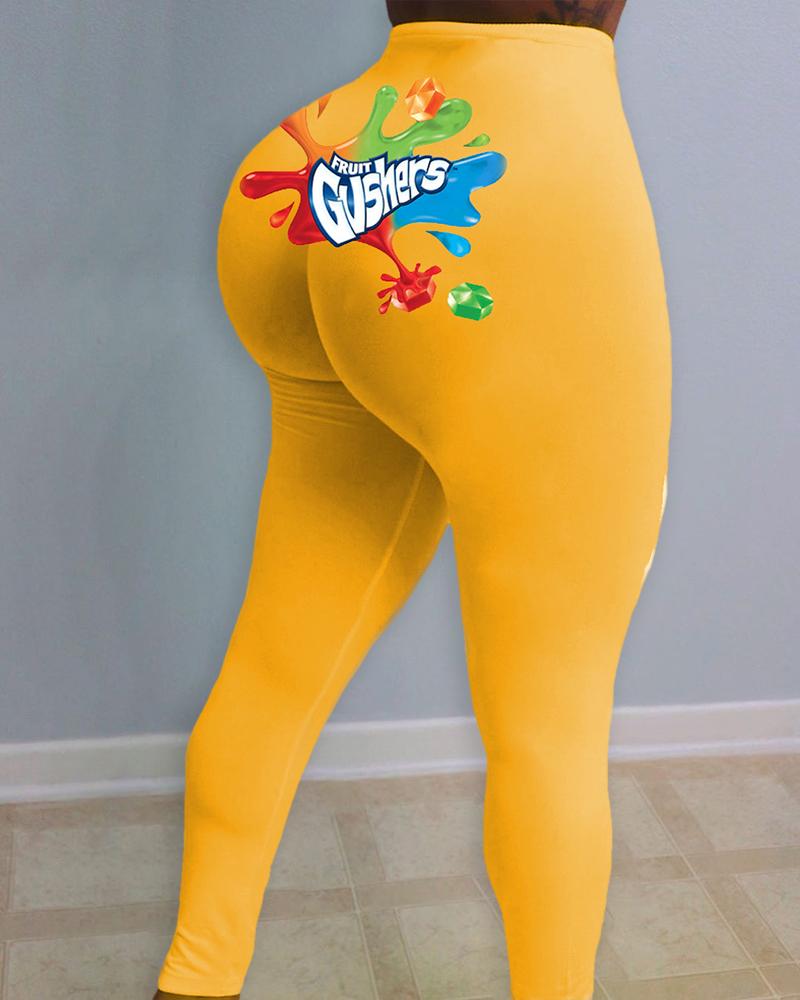 

Letter Print High Waist Leggings, Yellow
