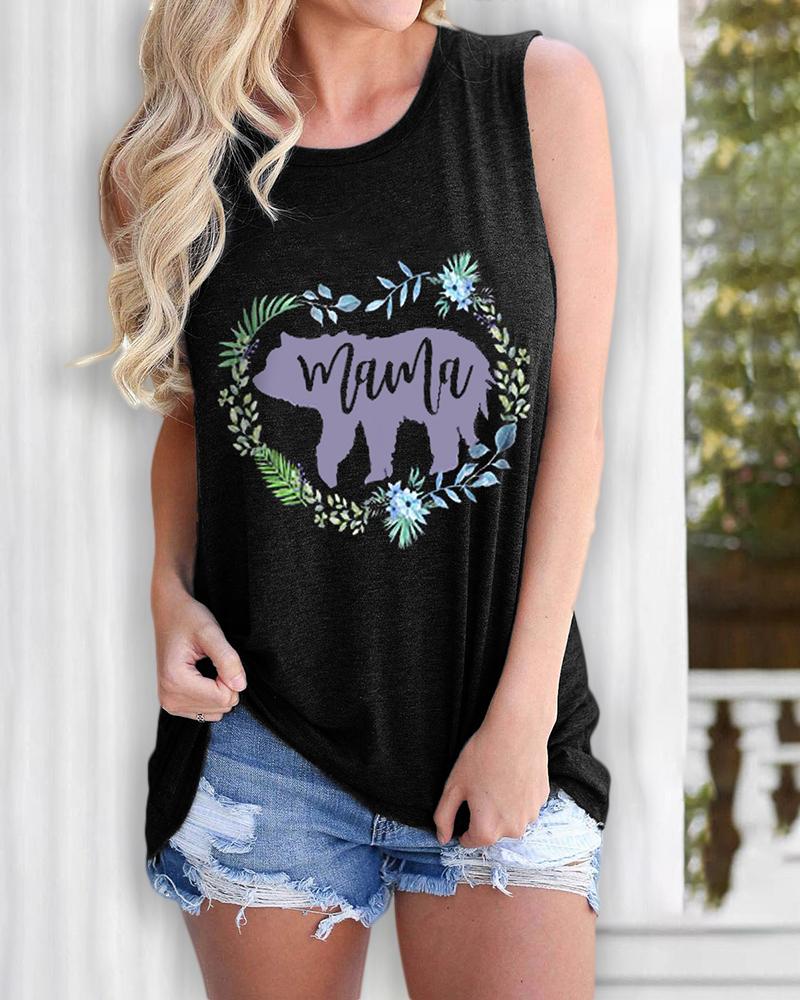 

Letter / Floral / Bear Print Casual Tank Top, Black