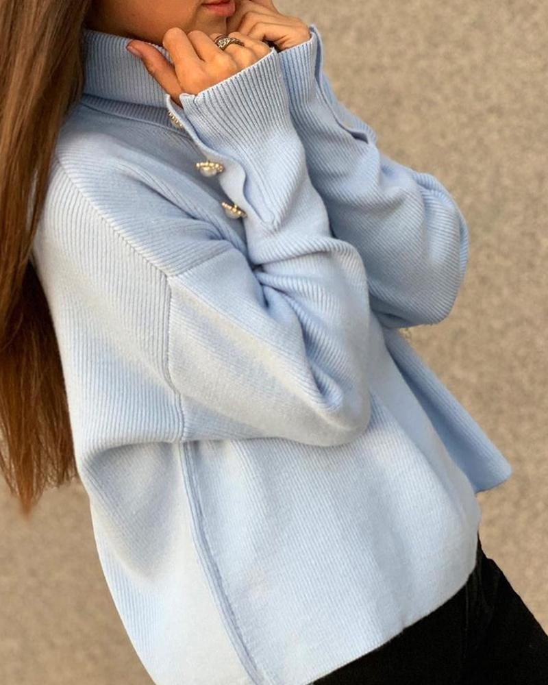 

Rolled Neck Plain Buttoned Sweater, Light blue