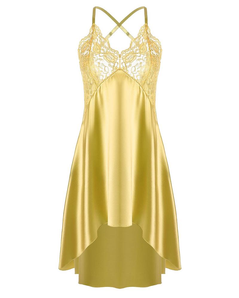 

Satin Backless Lace Dip Hem Sleepshirt, Yellow