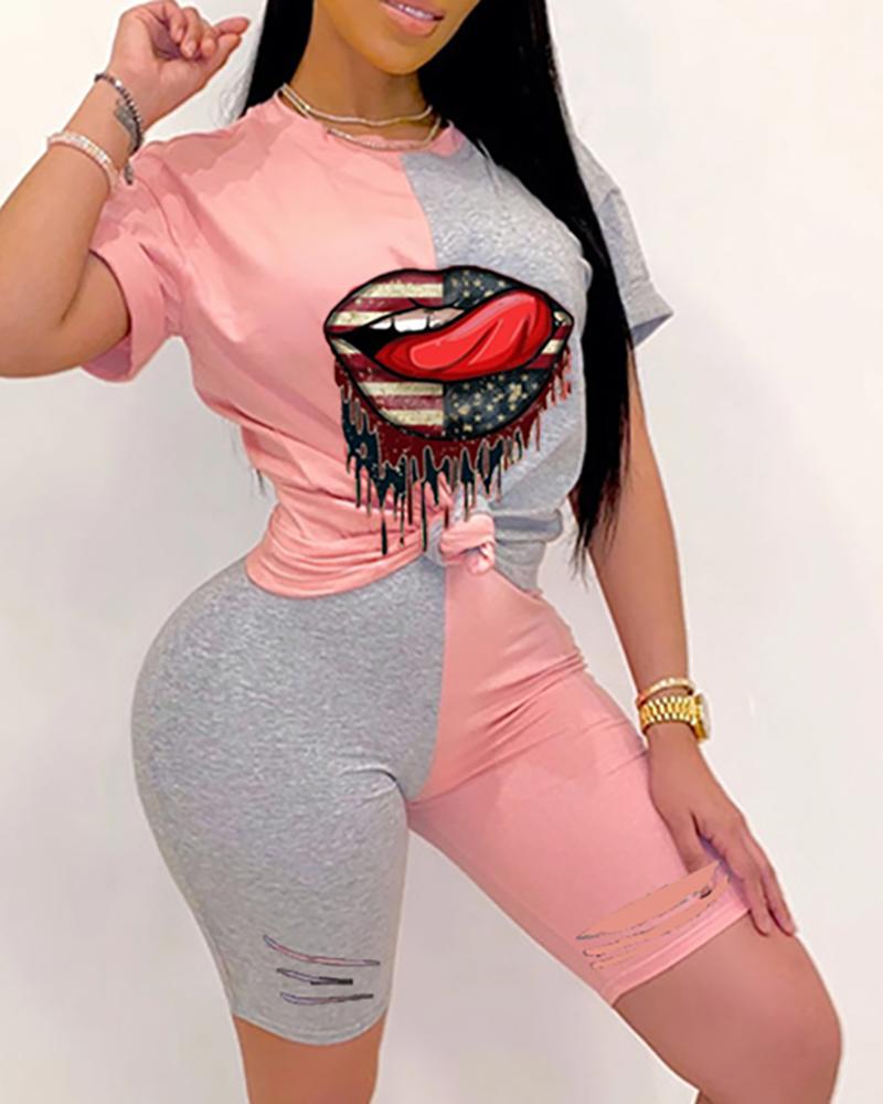 

Mouth Print Colorblock Top & Cutout Shorts Set, Pink