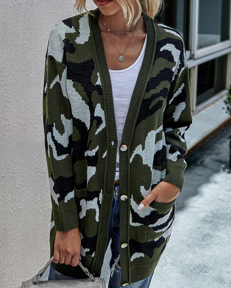 

Camouflage Print Long Sleeve Knit Cardigan, Army green