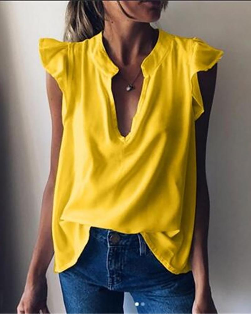 

Deep-V Ruffles Sleeve Solid Women Top, Yellow