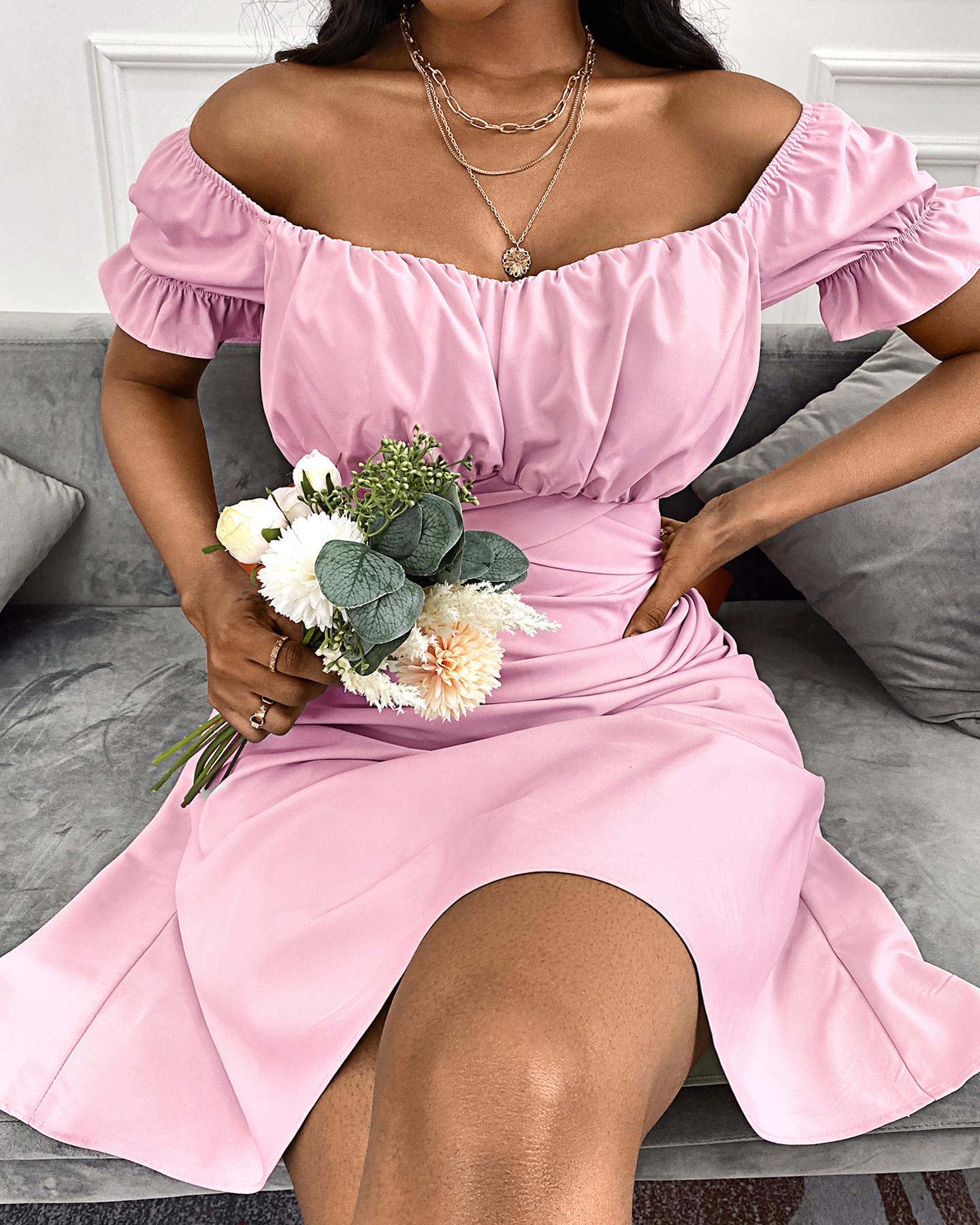

Off Shoulder Ruched Ruffles Dress, Pink