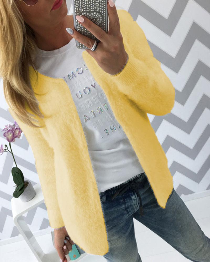 

Solid Long Sleeve Fluffy Coat, Yellow