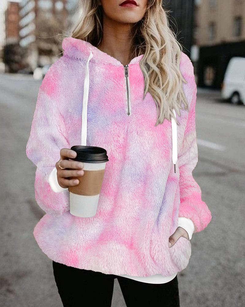 

Tie Dye Print Zipper Pocket Design Teddy Hoodie, Pink