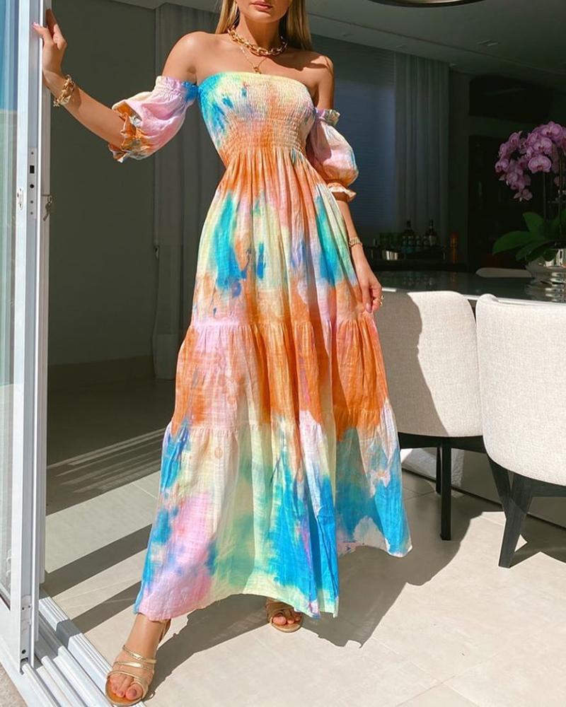

Tie Dye Print Off Shoulder Frill Hem Shirring Design Maxi Dress, Multicolor