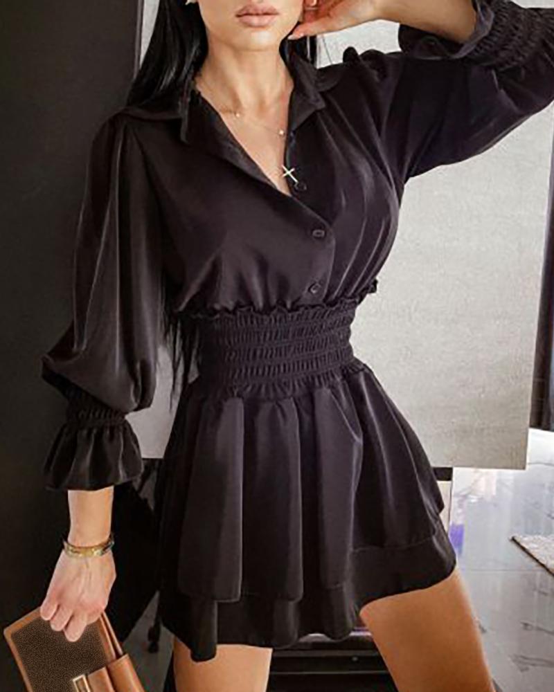 

Layered Ruffles Shirring Detail Flared Sleeve Buttoned Shirt Dress, Black