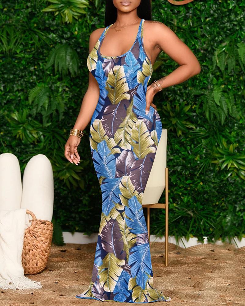 

Cheetah Graphic / Tropical Print Backless Mermaid Dress, Blue