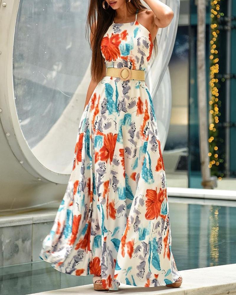 

Floral Print Halter Maxi Flared Dress, Multicolor