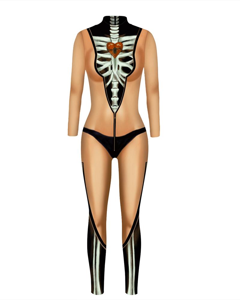 

Skull Skeleton Print Zip Back Halloween Costume Jumpsuit, Style8