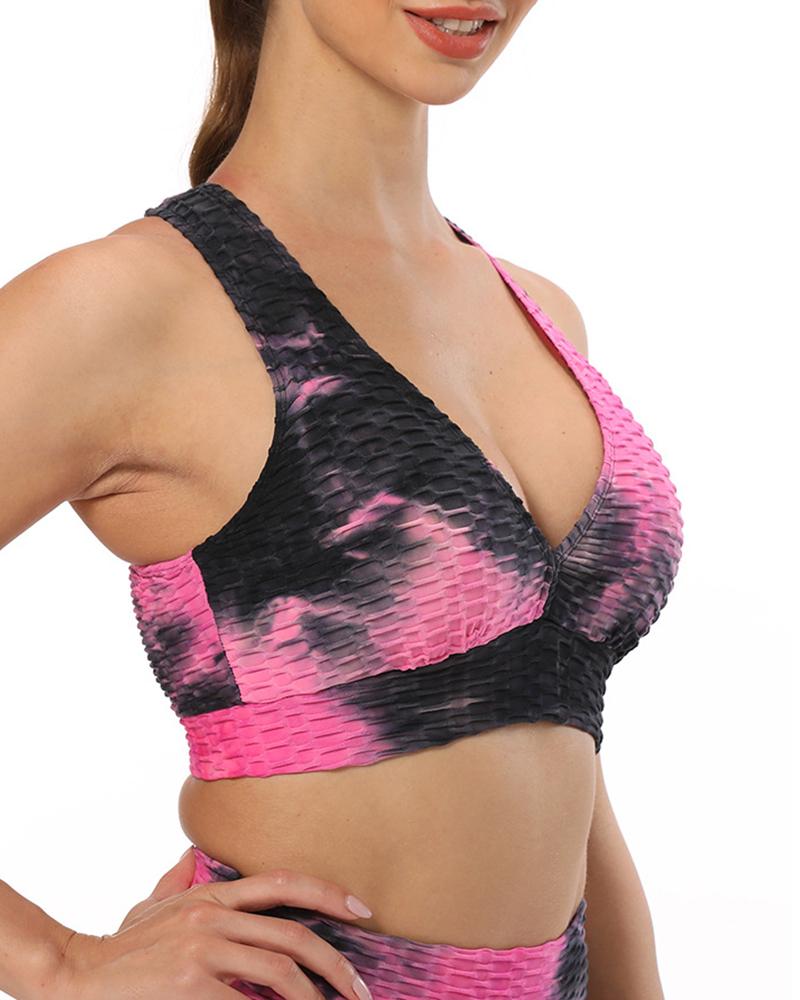 

Tie Dye Print Sports Bras Textured Middle Impact Support Yoga Crop Tops, Hot pink