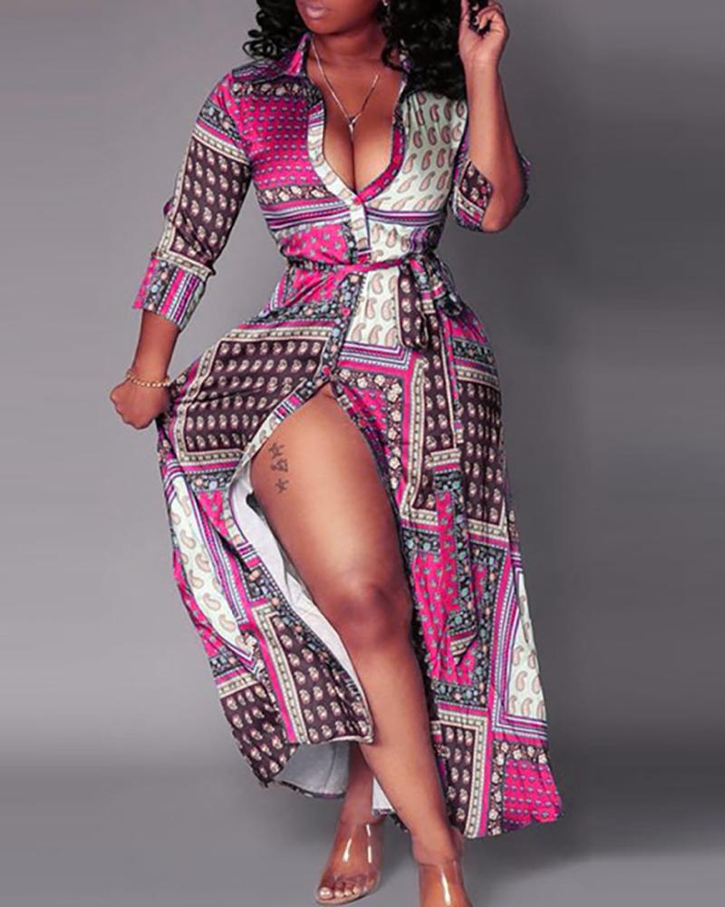 

Colorblock High Slit Long Sleeve Maxi Dress, Hot pink