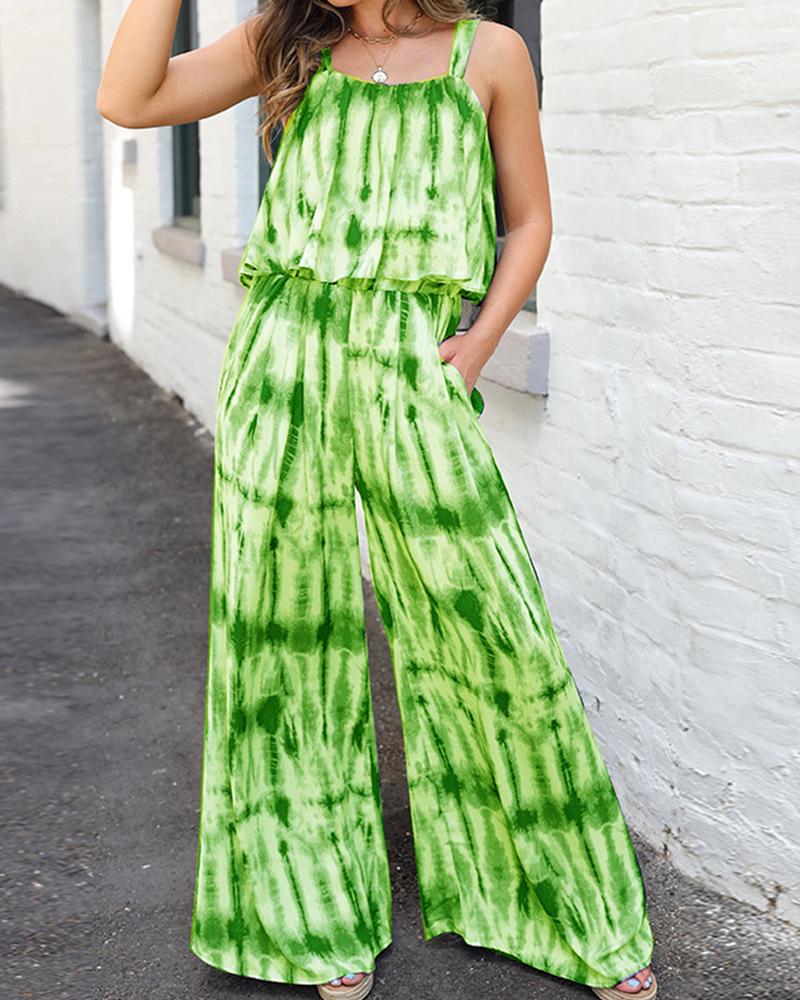 

Tie Dye Strap Tanks With Wide Leg Pants Suit Sets, Green