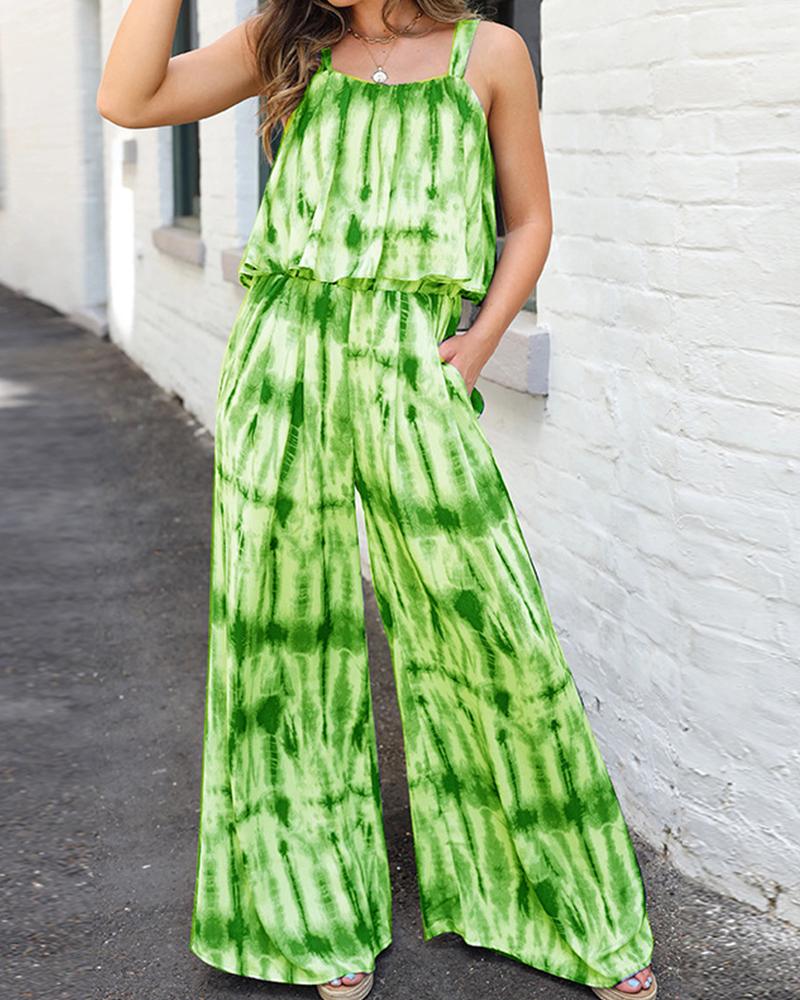 

Tie Dye Strap Tanks With Wide Leg Pants Suit Sets, Green