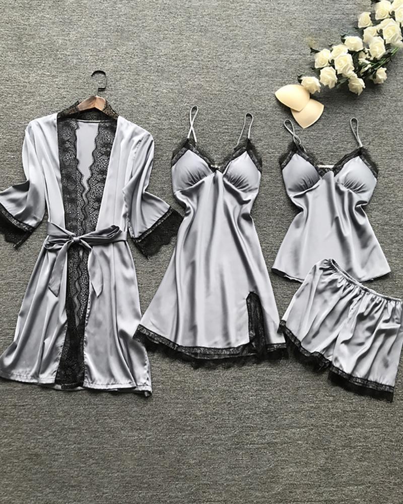 

4PCS Satin Plain Lace Trim Sleepwear Set, Gray