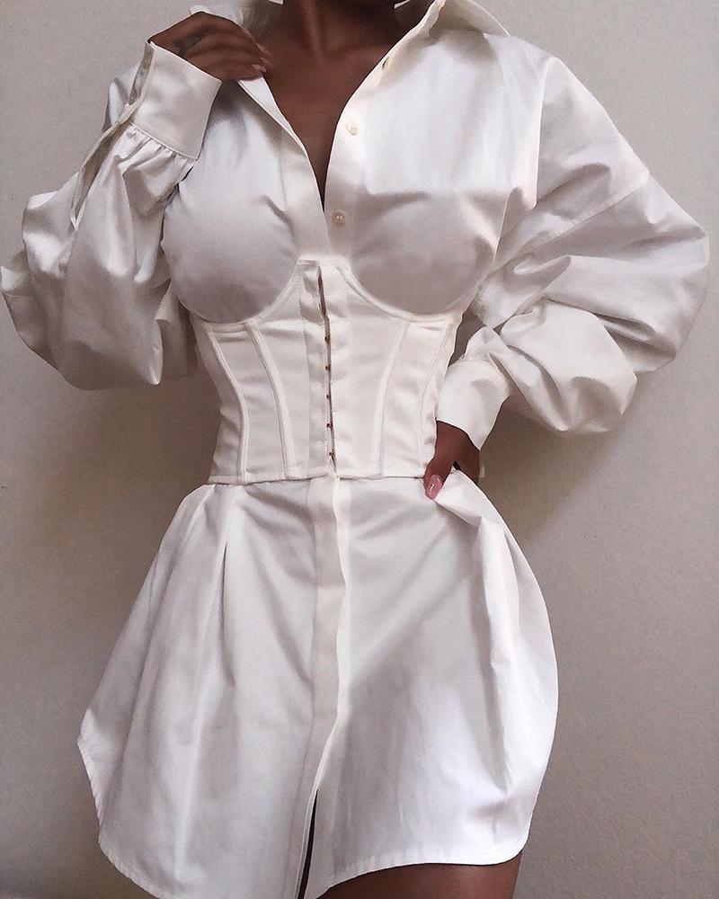 

Solid Long Sleeve Tight Waist Buttoned Women Shirt Dress, White
