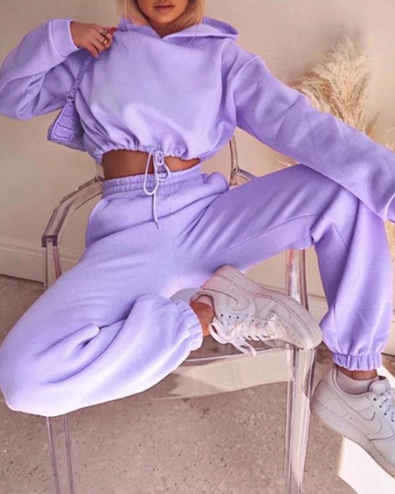 

Plain Drawstring Hooded Crop Top & Pocket Design Pants Set, Purple
