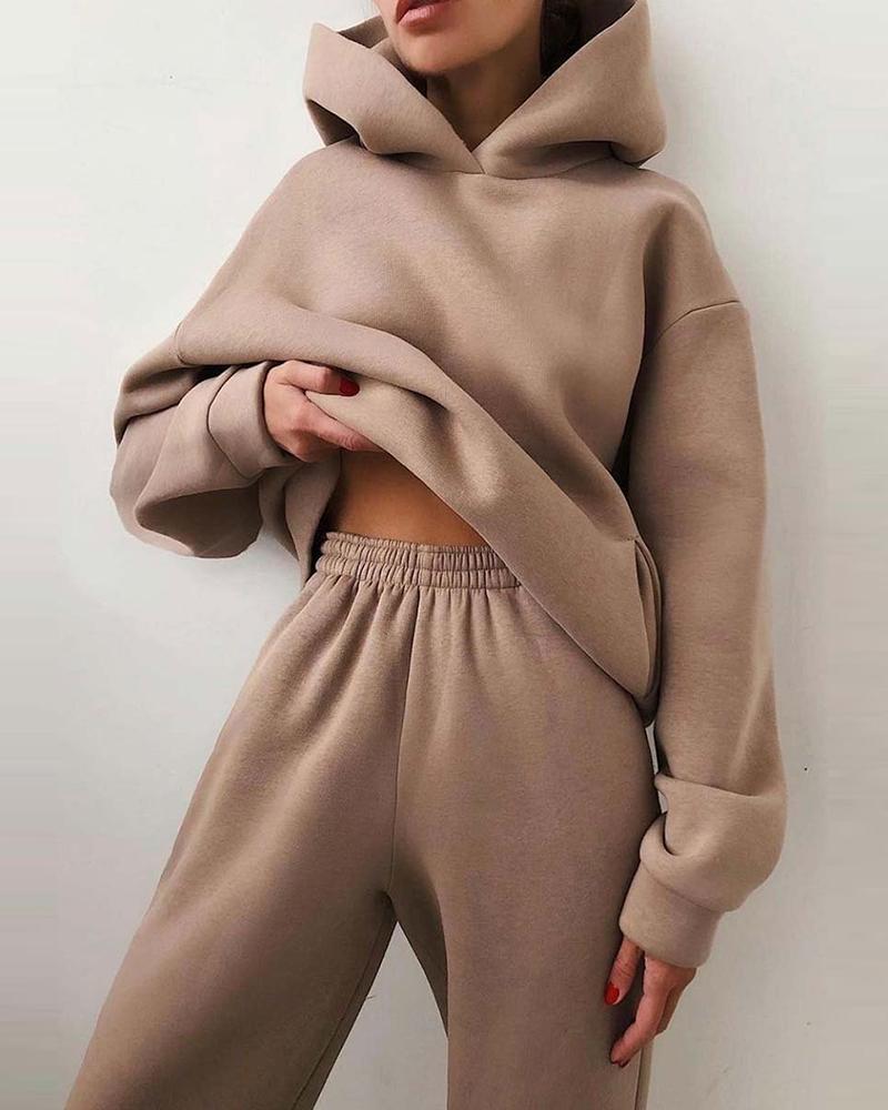 

Long Sleeve Hooded Top & Pocket Design Pants Set, Khaki