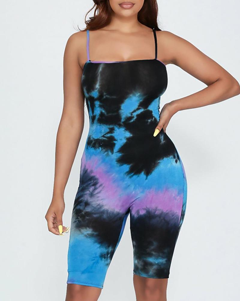 

Tie Dye Print Spaghetti Strap Fitted Romper, Dark blue