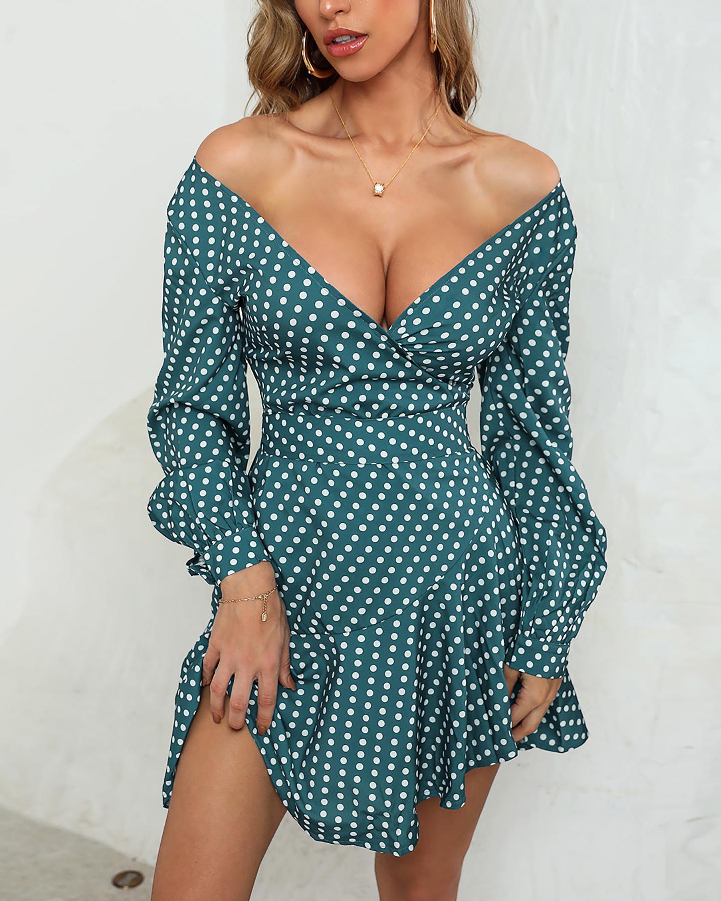 

Dot Print Long Sleeve Wrap Dress, Green