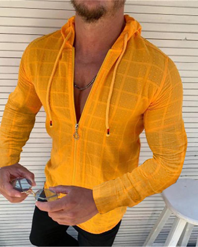 

Men Zipper Design Long Sleeve Hooded Casual Shirt, Yellow