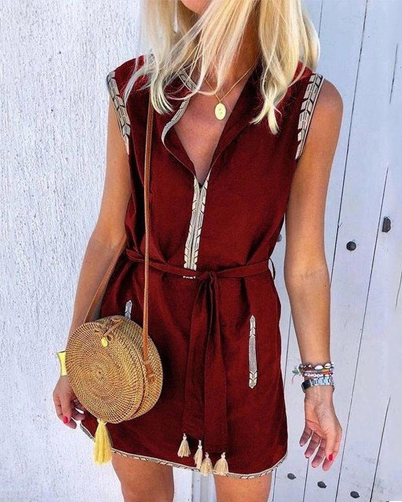 

Tassel Design Plunge Colorblock Sleeveless Dress, Wine red