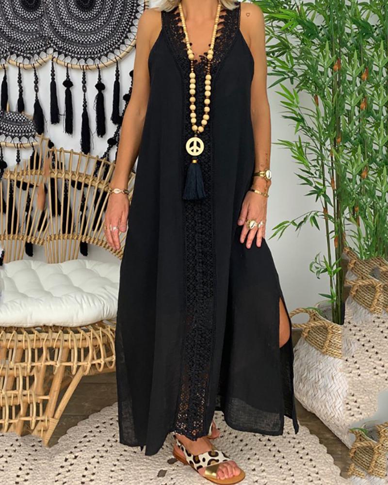 

Crochet Lace Trim Slit Casual Dress, Black