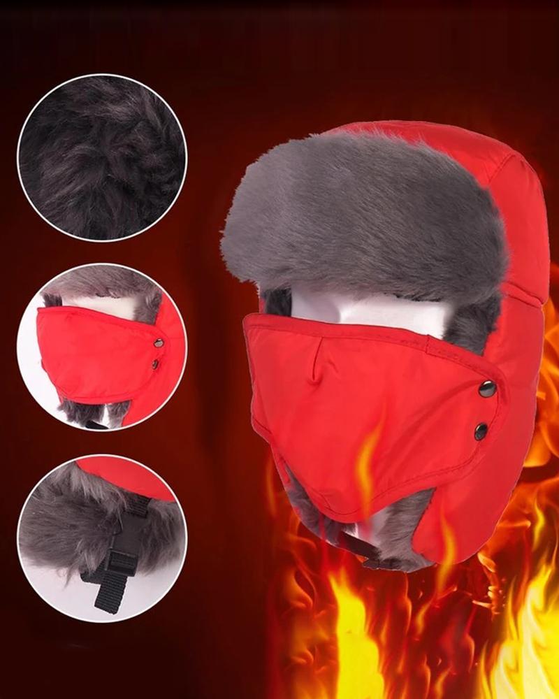 

Colorblock Warm Trapper Windproof Hat With Face Mask, Red