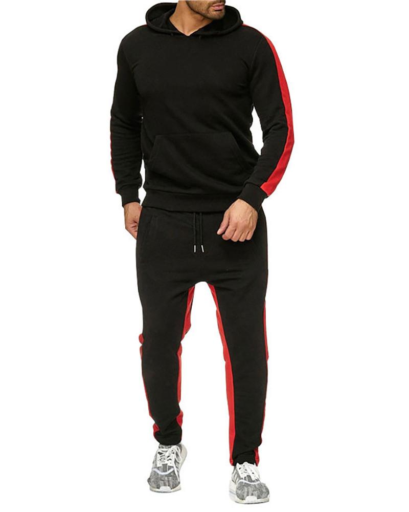 

Man Striped Colorblock Hooded Top & Pants Set, Black