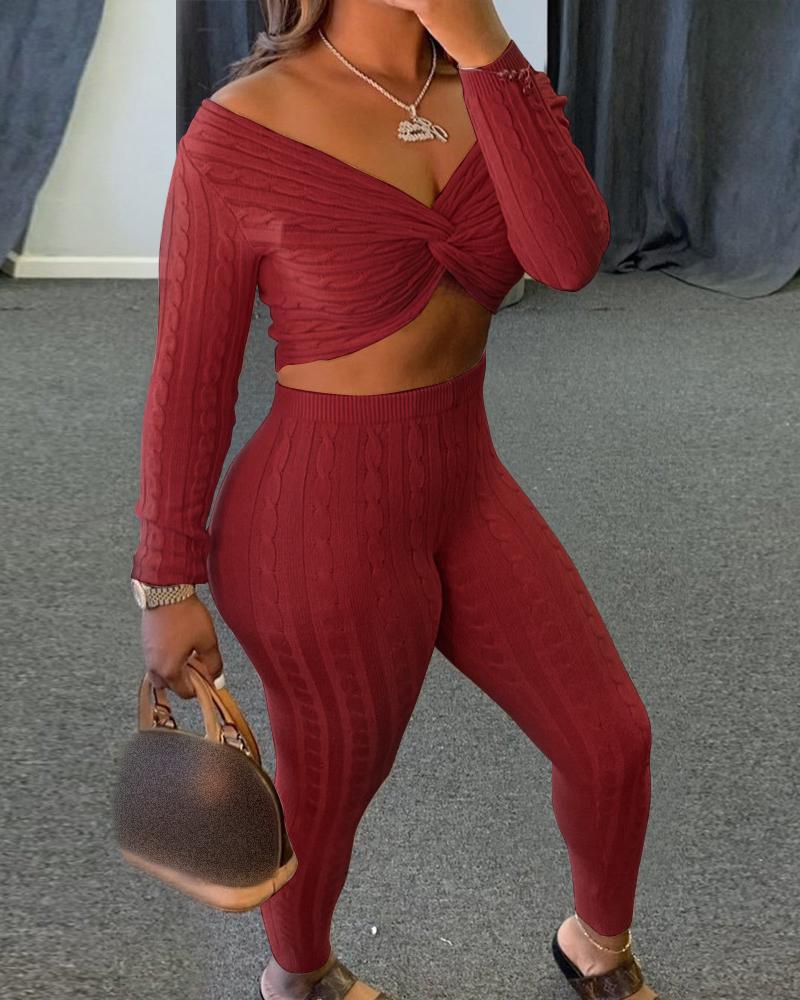 

Cable Knit Ribbed Twisted Crop Top & Pants Set, Red