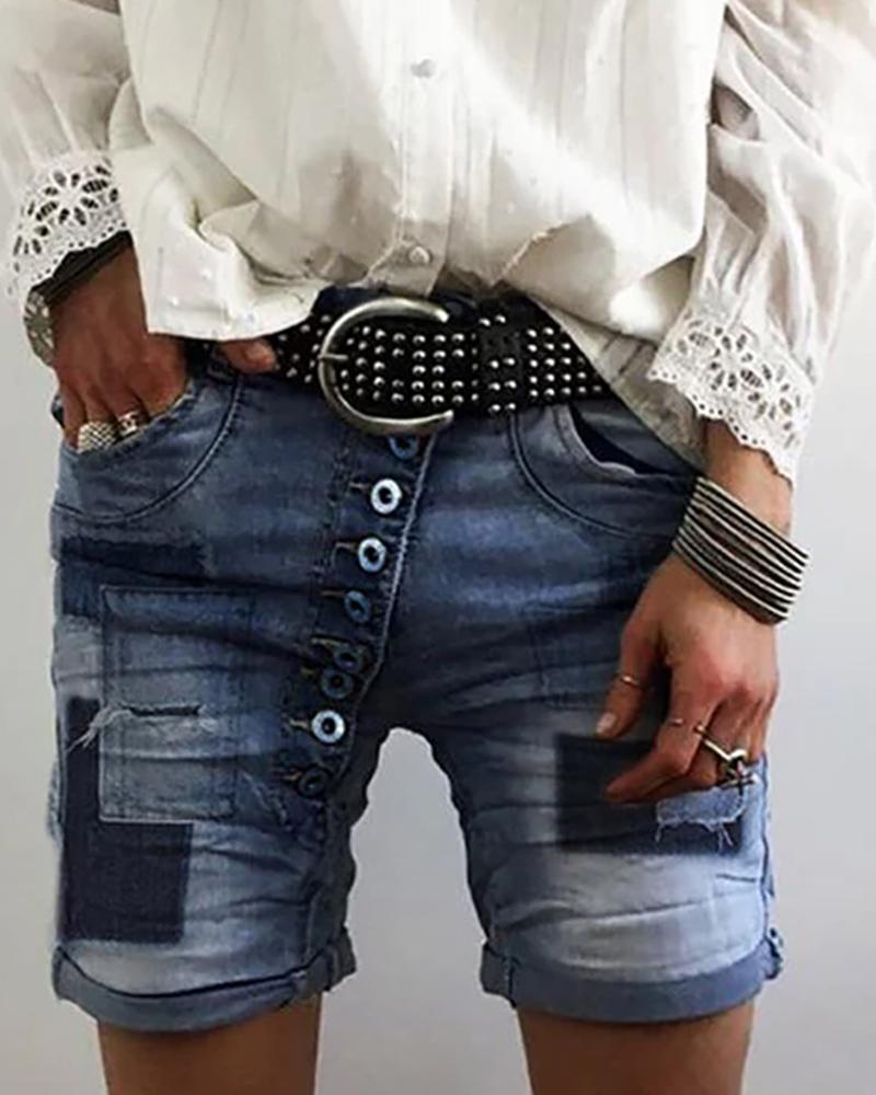 

Buttoned Pockets Casual Denim Shorts, Dark blue
