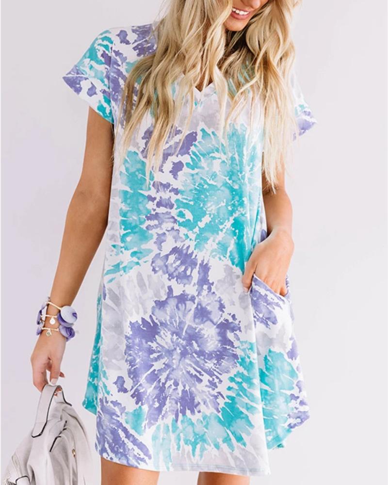 

V Neck Pockets Tie Dye Print Dress, Blue