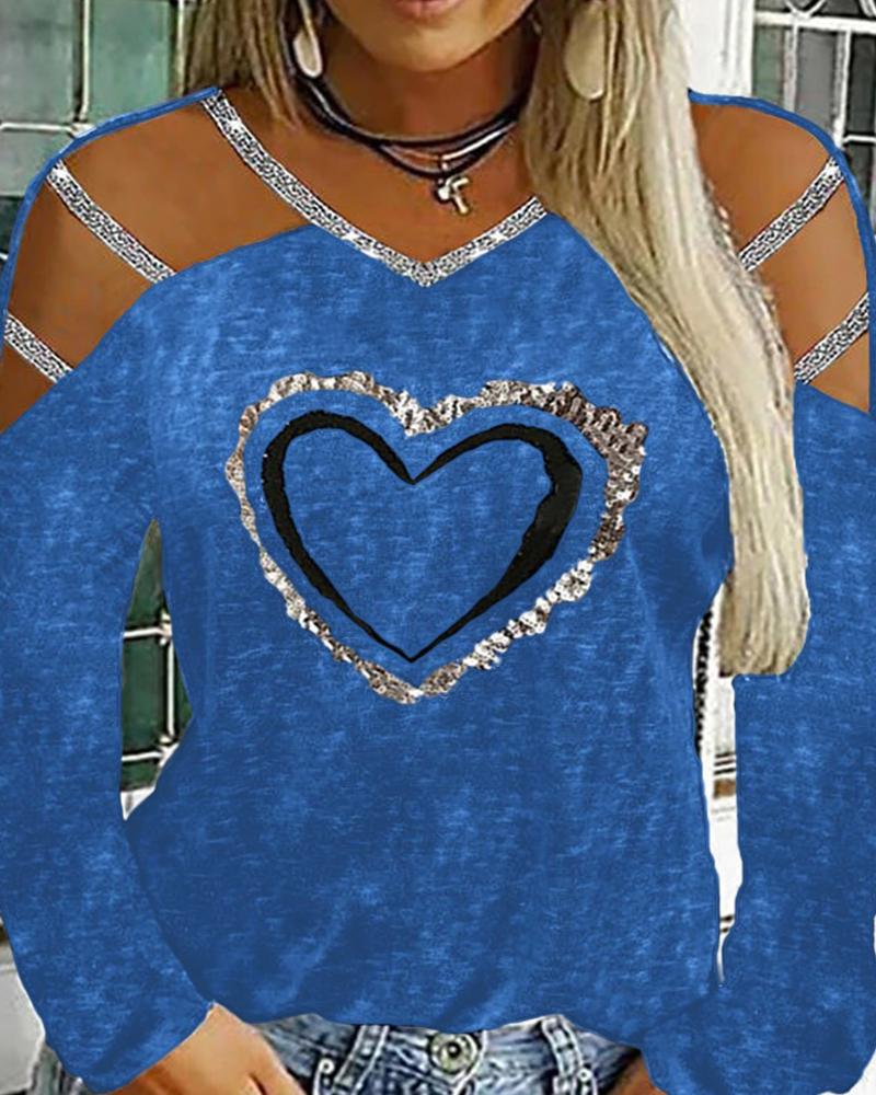 

Heart Print Ladder Cutout Top, Dark blue