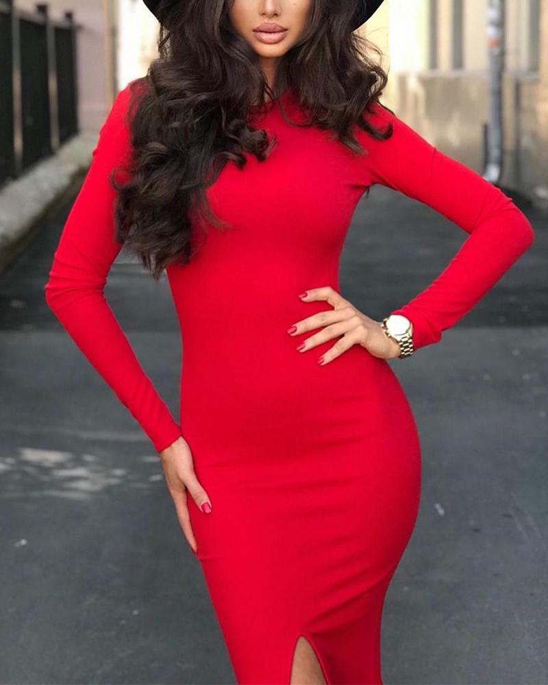 

Solid Bodycon Slit Front Dress, Red