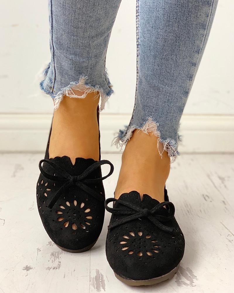 

Bowknot Hollow Out Casual Flat Shoes, Black