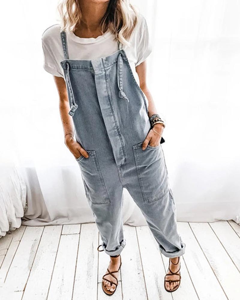 

Pocket Design Casual Denim Suspender Jumpsuit, Gray