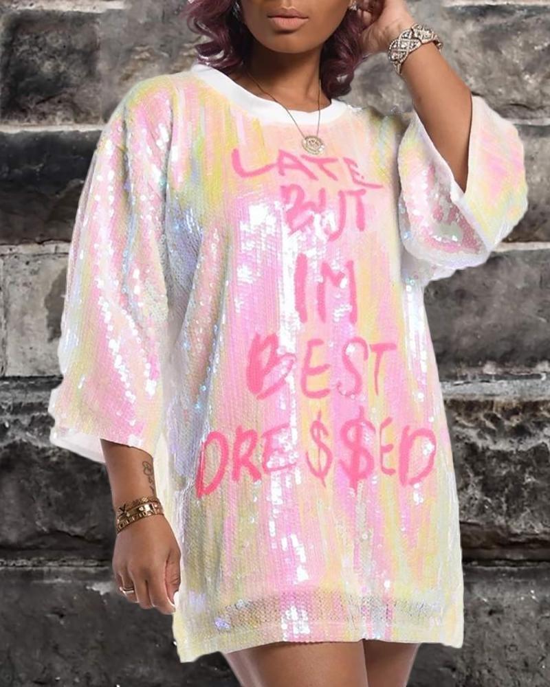 

Letter Pattern Sequins Loose T-shirt, Pink