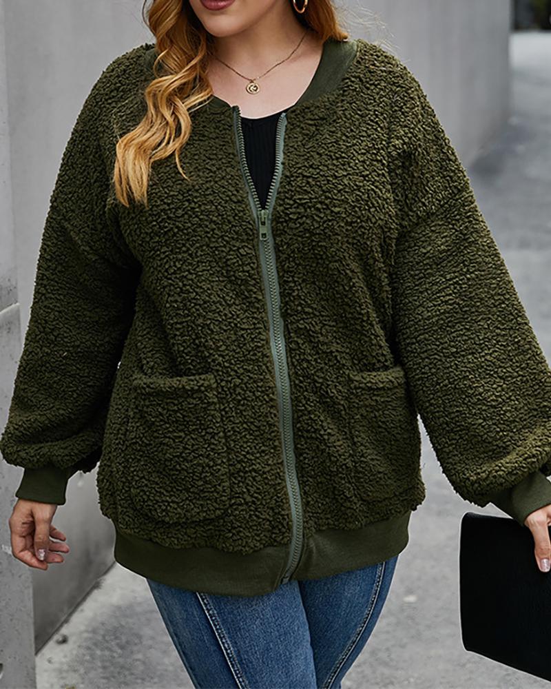

Plus Size Pocket Design Zip Teddy Coat, Green