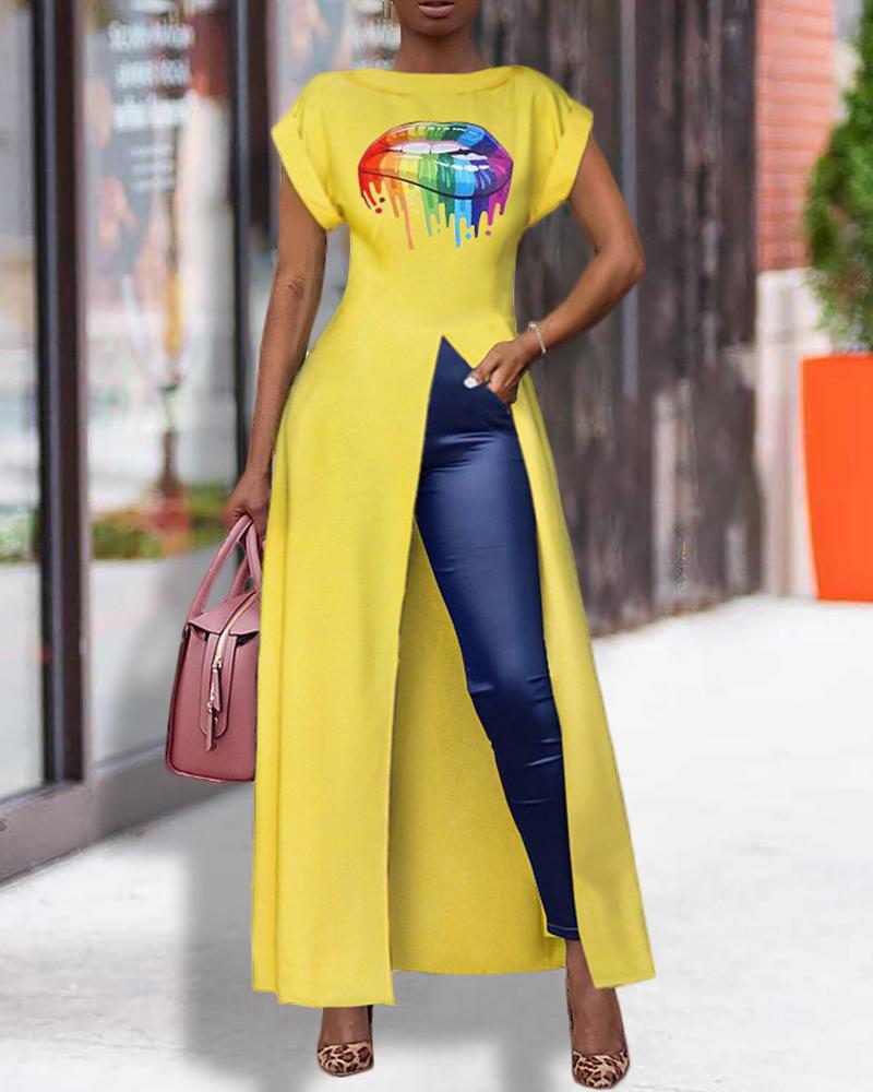 

Mouth Pattern High Slit Short Sleeve Blouse, Yellow