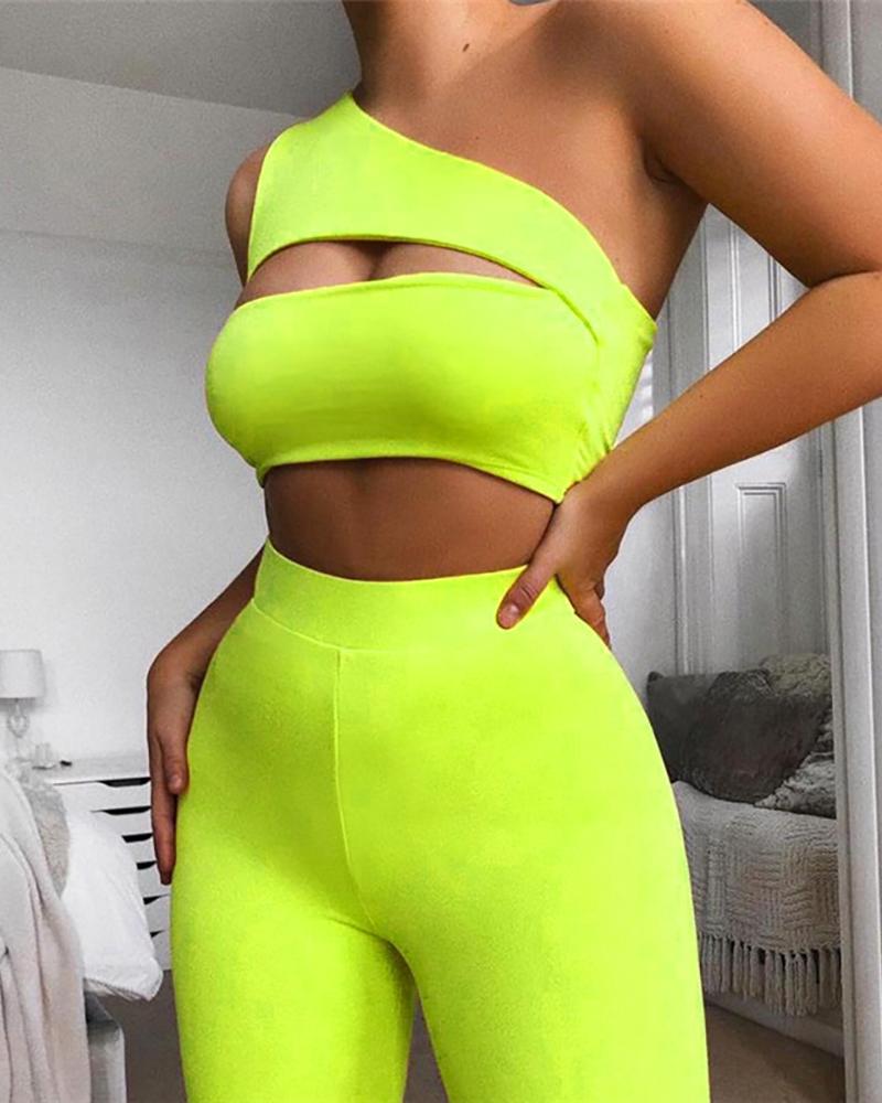 

One Shoulder Cutout Front Tank Women Top & Shorts Set, Green