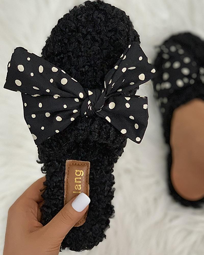 

Polkadot Bowknot Fluffy Slippers, Black
