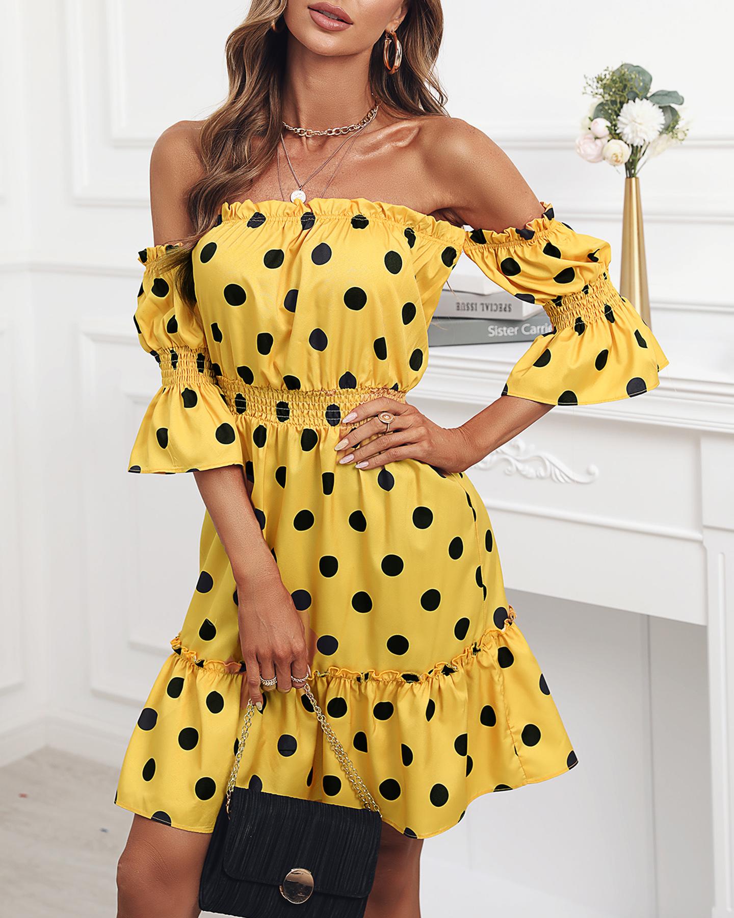 

Off Shoulder Polka Dot Print Ruffle Hem Dress, Yellow