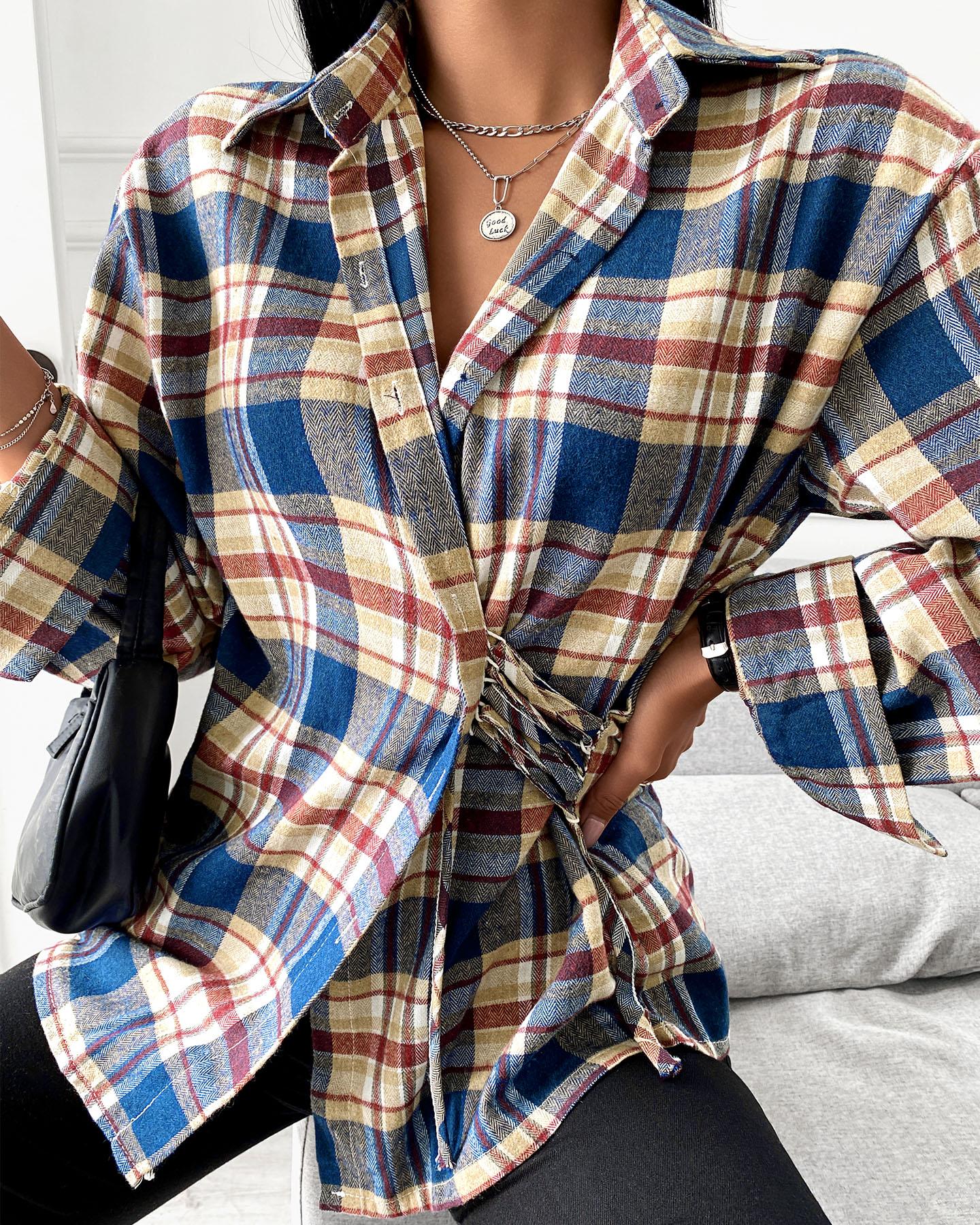 

Plaid Print Long Sleeve Asymmetrical Shirt, Multicolor