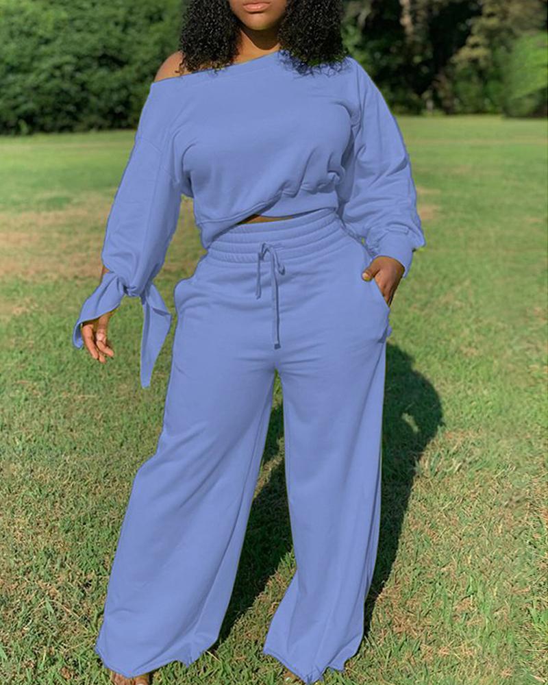 

Solid Tied Detail Top & Drawstring Pants Set, Blue
