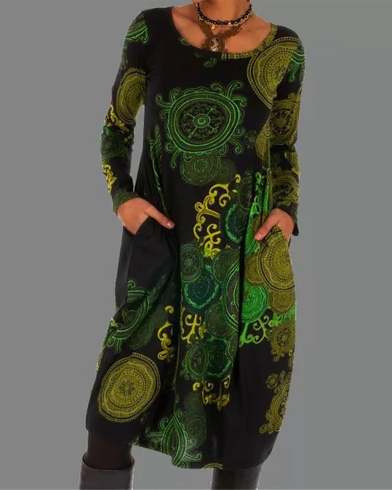 

Plus Size Colorblock Pocket Design Long Sleeve Dress, Green